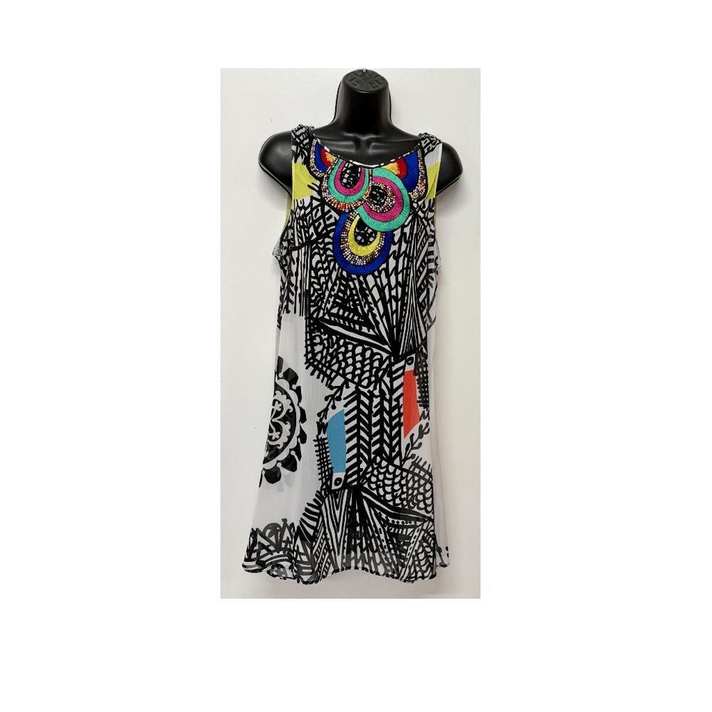 Desigual Short Sleeve Multi-Color Dress, Medium Size, with black under slip